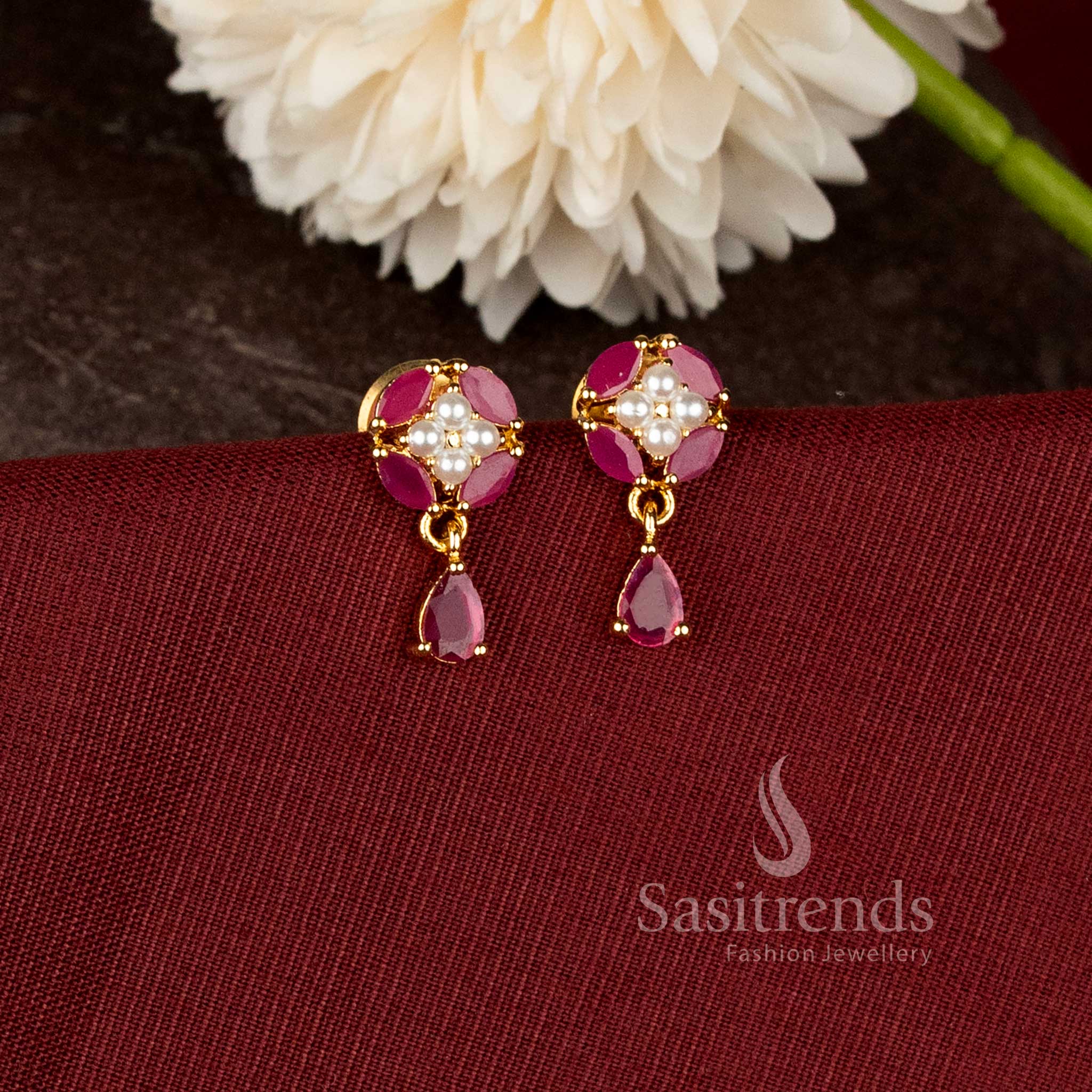 Micro Gold Plated Designer Floral Drop Earrings with Pearl Accents and Rich Gold Finish - Sasitrends