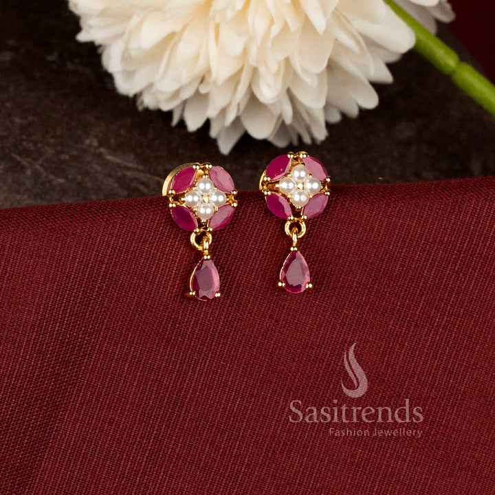 Micro Gold Plated Designer Floral Drop Earrings with Pearl Accents and Rich Gold Finish - Sasitrends