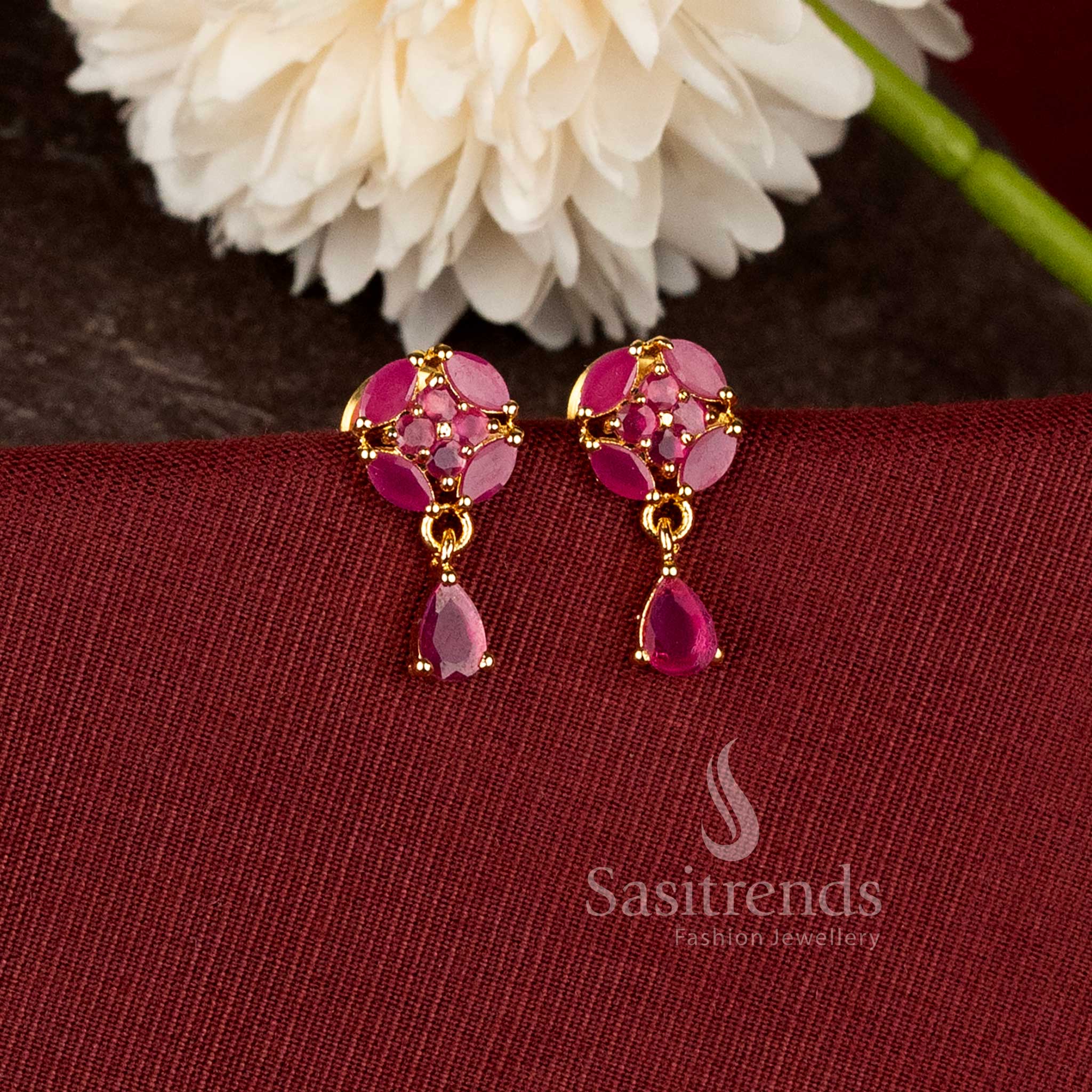 Elegant Micro Gold Plated Floral Stone and Drop Earrings for Party Wear and Traditional Styling - Sasitrends