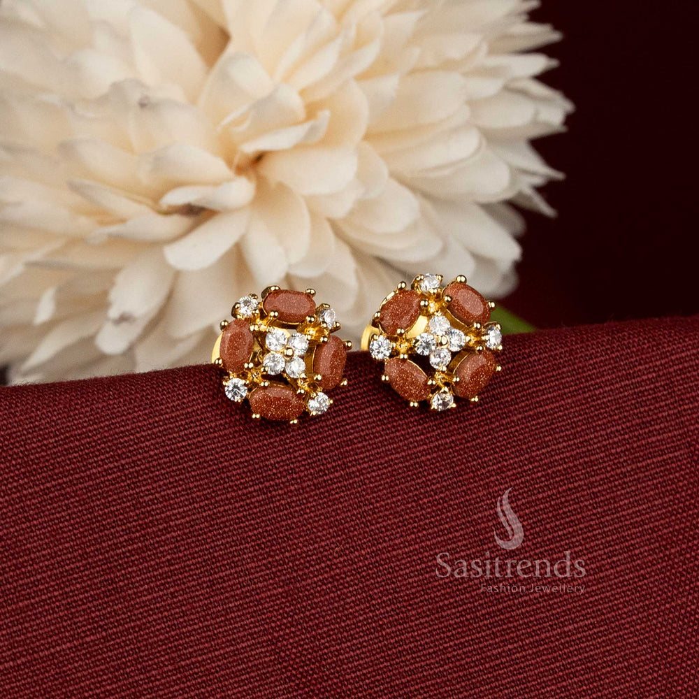 Beautiful Micro Gold Plated Statement Stud Earrings with Intricate Stonework for Receptions and Special Occasions - Sasitrends