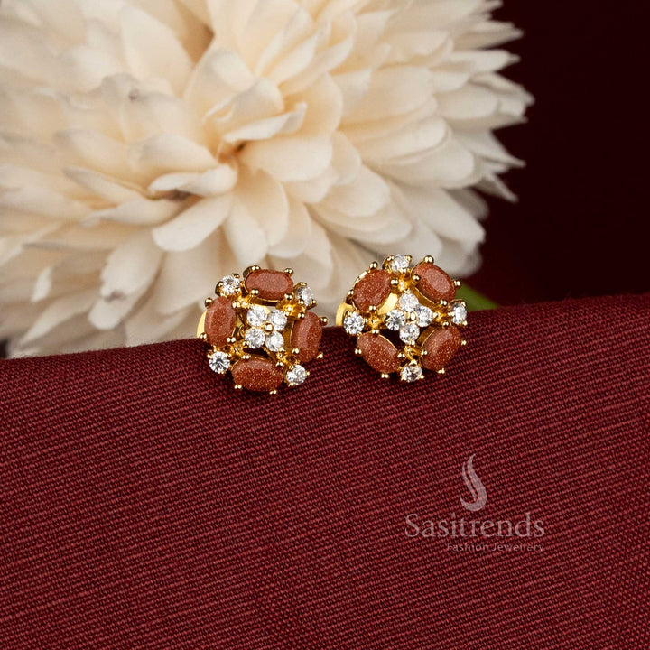 Beautiful Micro Gold Plated Statement Stud Earrings with Intricate Stonework for Receptions and Special Occasions - Sasitrends