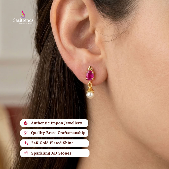 Impon One Gram Micro Gold Plated Oval Stone Stud Earrings with Pearl Drops For Fesitve Wear - Sasitrends