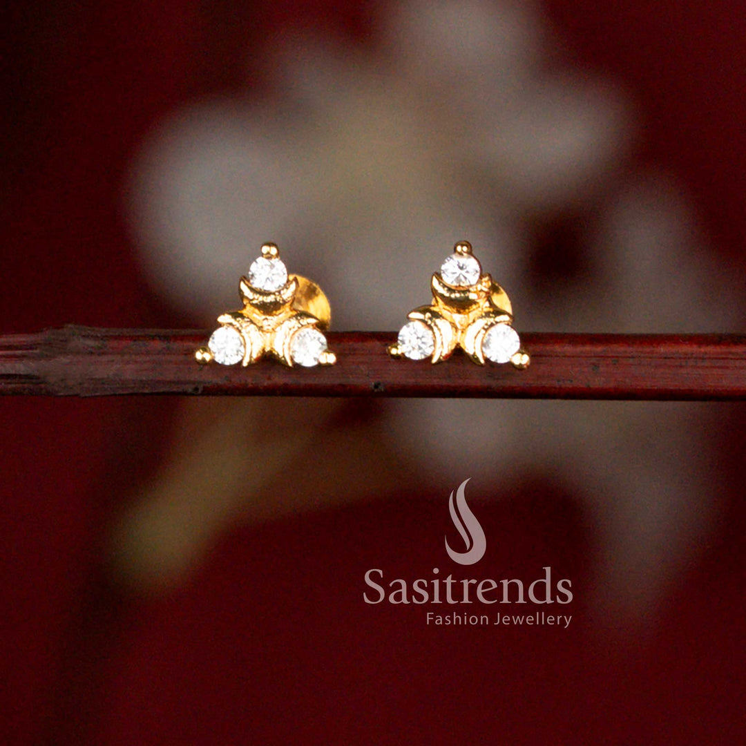 Guaranteed Micro Gold Plated Three Stone AD Stud Earrings with Real Gold Look Finish - Sasitrends