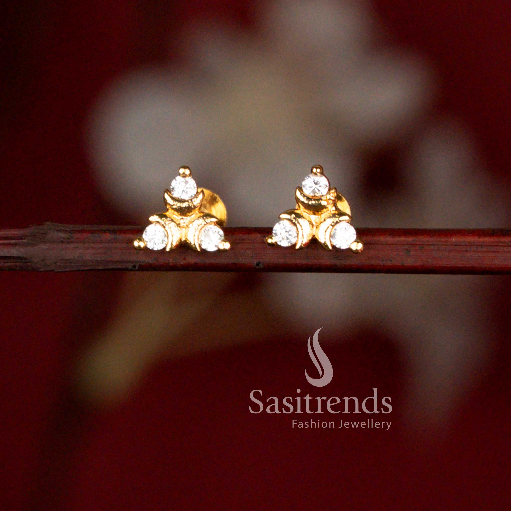 Guaranteed Micro Gold Plated Three Stone AD Stud Earrings with Real Gold Look Finish - Sasitrends