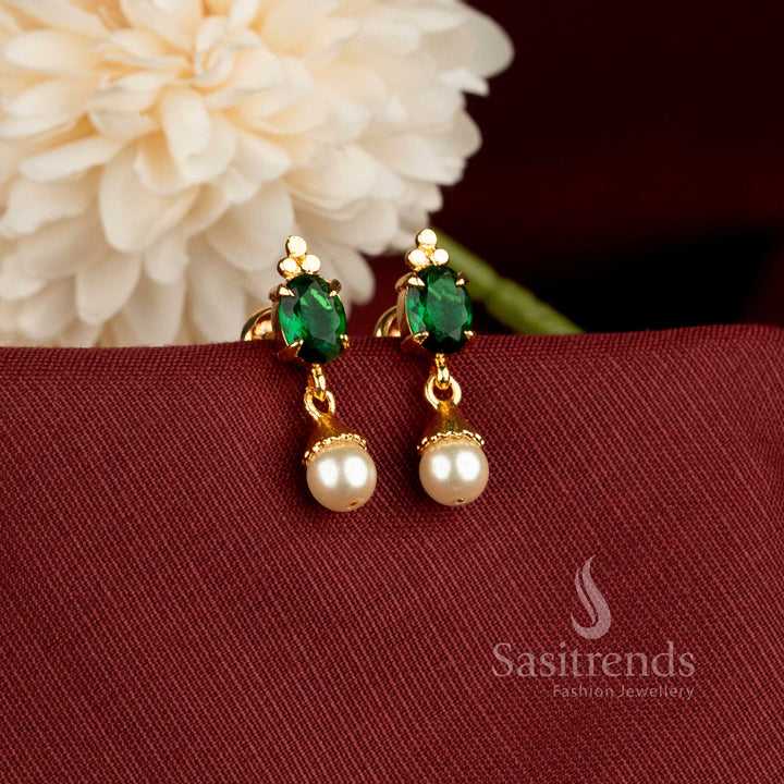 Impon One Gram Micro Gold Plated Oval Stone Stud Earrings with Pearl Drops For Fesitve Wear - Sasitrends