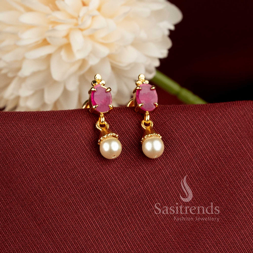 Impon 24K One Gram Gold Plated Oval Stone Stud Earrings with Pearl Drops - Sasitrends