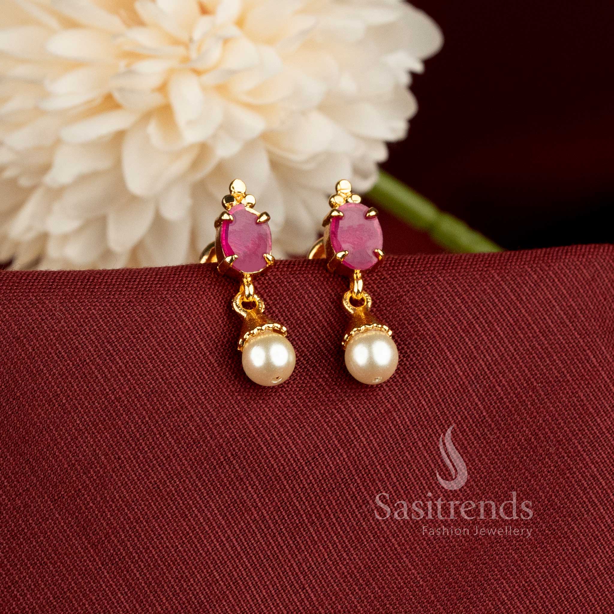 Impon 24K One Gram Gold Plated Oval Stone Stud Earrings with Pearl Drops - Sasitrends