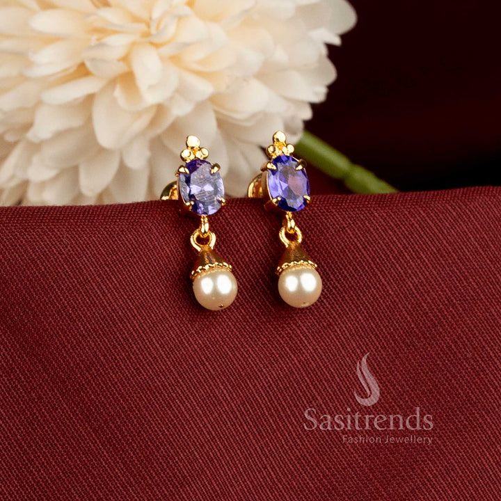 Traditional Impon 24K One Gram Gold Plated Oval Stone Earrings with Pearl Drops - Sasitrends