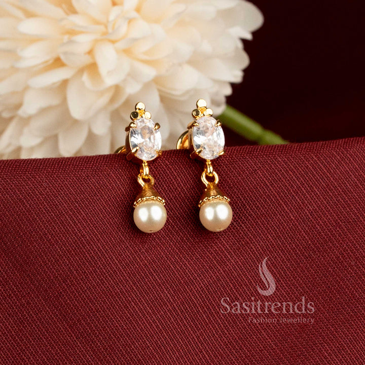 Traditional Impon One Gram Gold Plated Oval Stone Earrings with Pearl Drops - Sasitrends