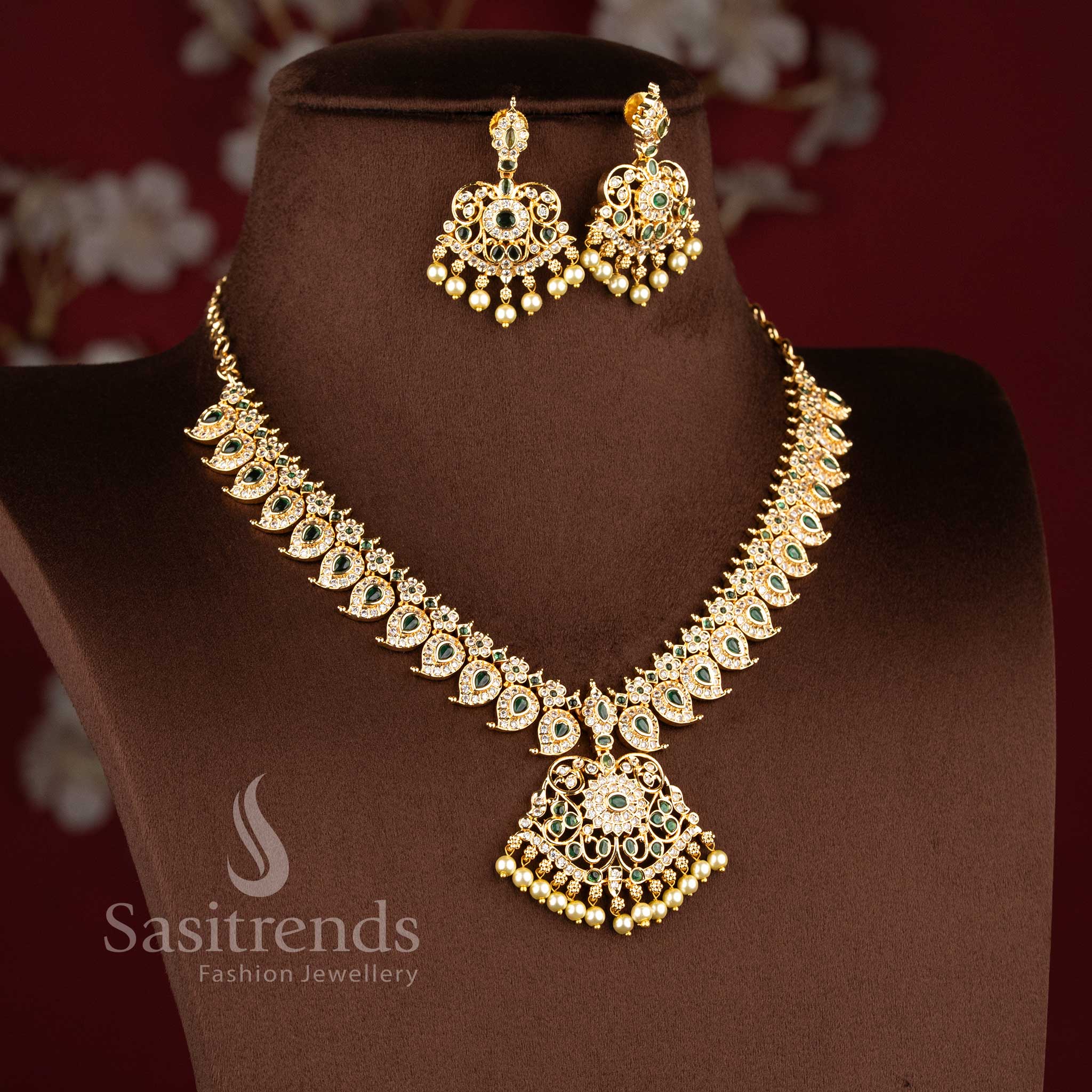 Elegant mango floral American Diamond micro gold plated short and long necklace jewellery set - Sasitrends