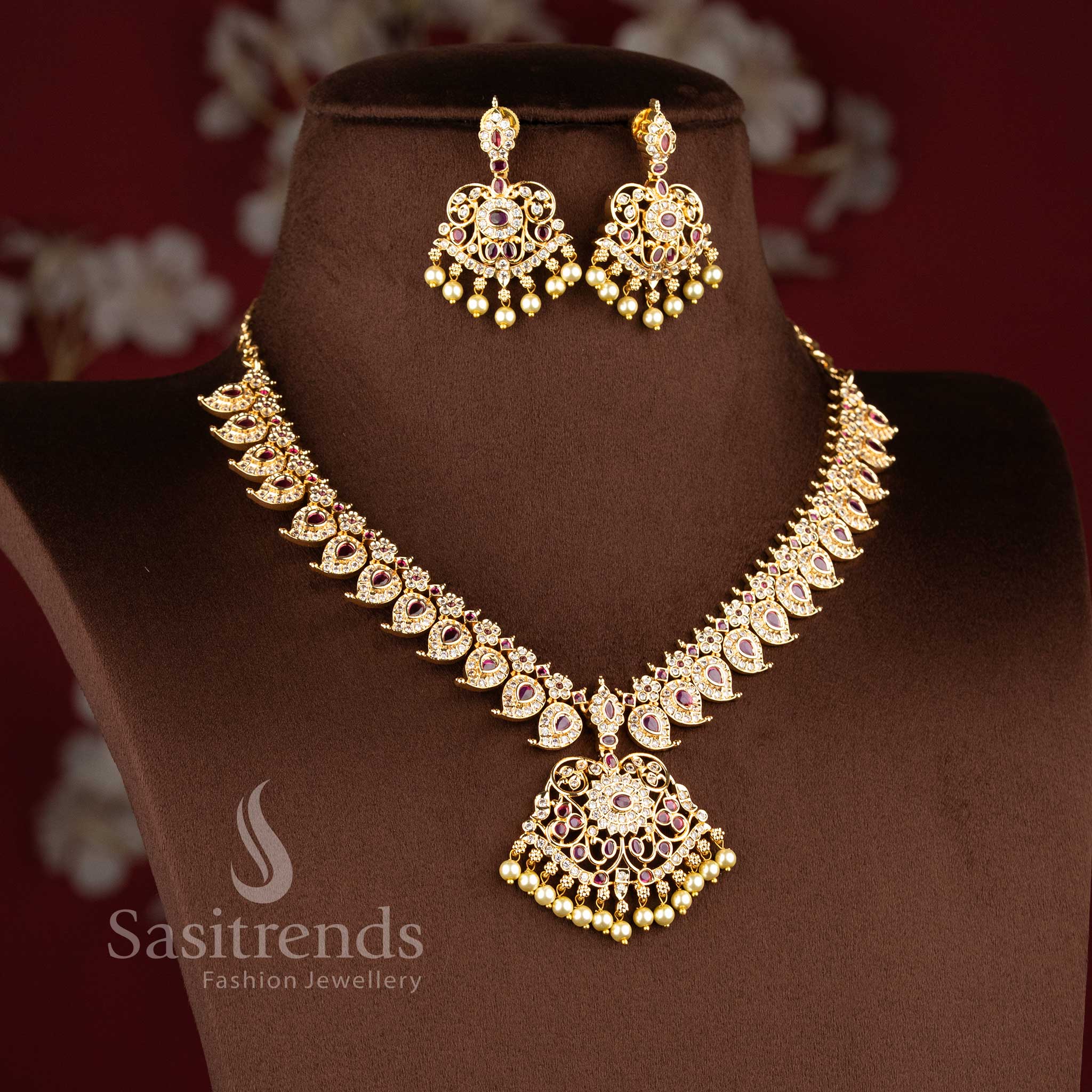 Grand ethnic American Diamond necklace set with floral mango motif styling for weddings - Sasitrends