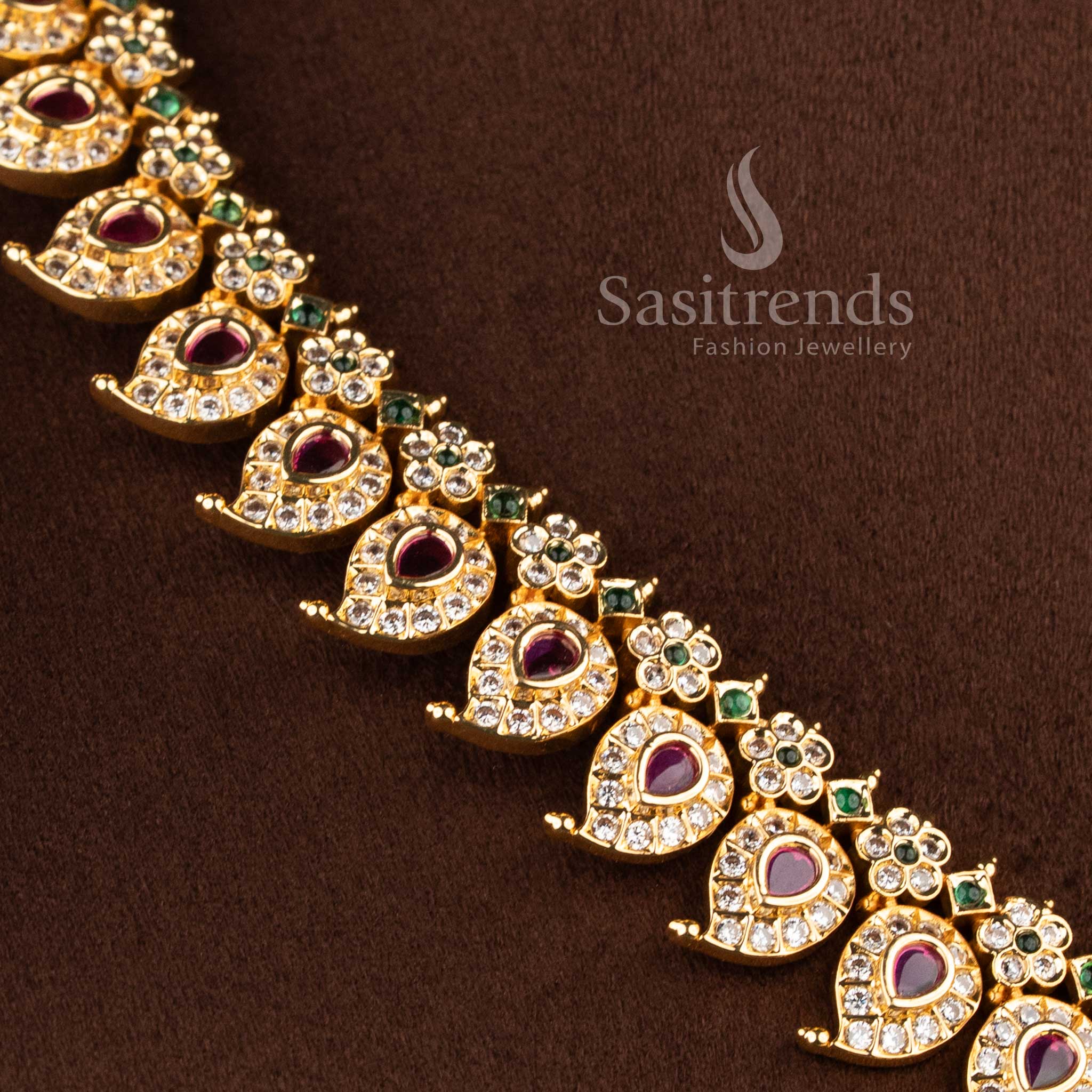 Traditional mango motif AD necklace set with floral detailing and grand pendant design - Sasitrends