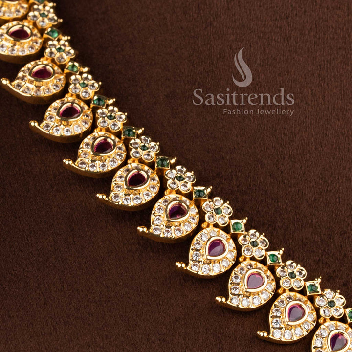 Traditional mango motif AD necklace set with floral detailing and grand pendant design - Sasitrends