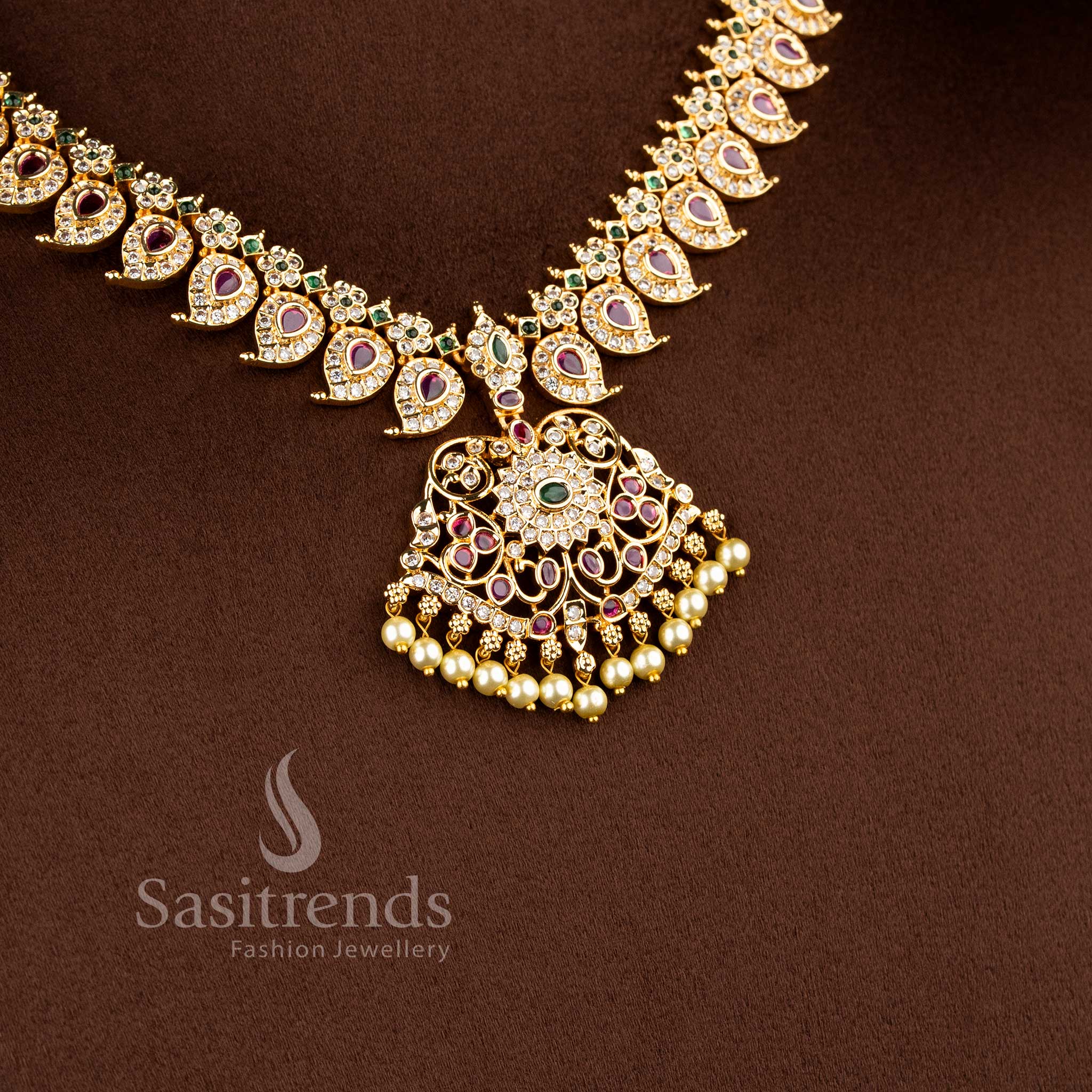 Traditional mango motif AD necklace set with floral detailing and grand pendant design - Sasitrends
