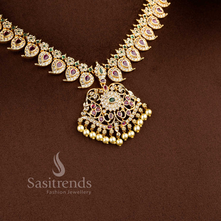 Traditional mango motif AD necklace set with floral detailing and grand pendant design - Sasitrends