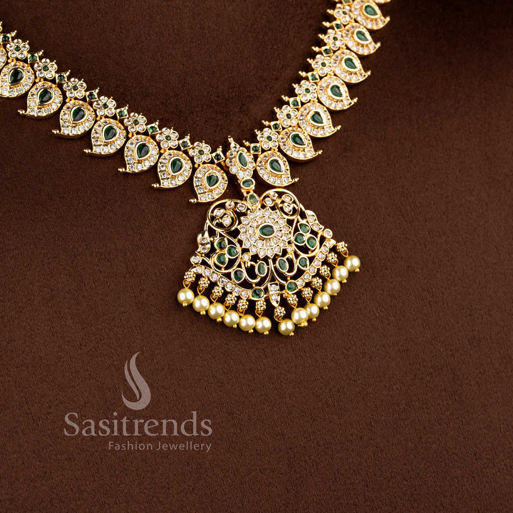 Traditional mango motif AD necklace set with floral detailing and grand pendant design - Sasitrends