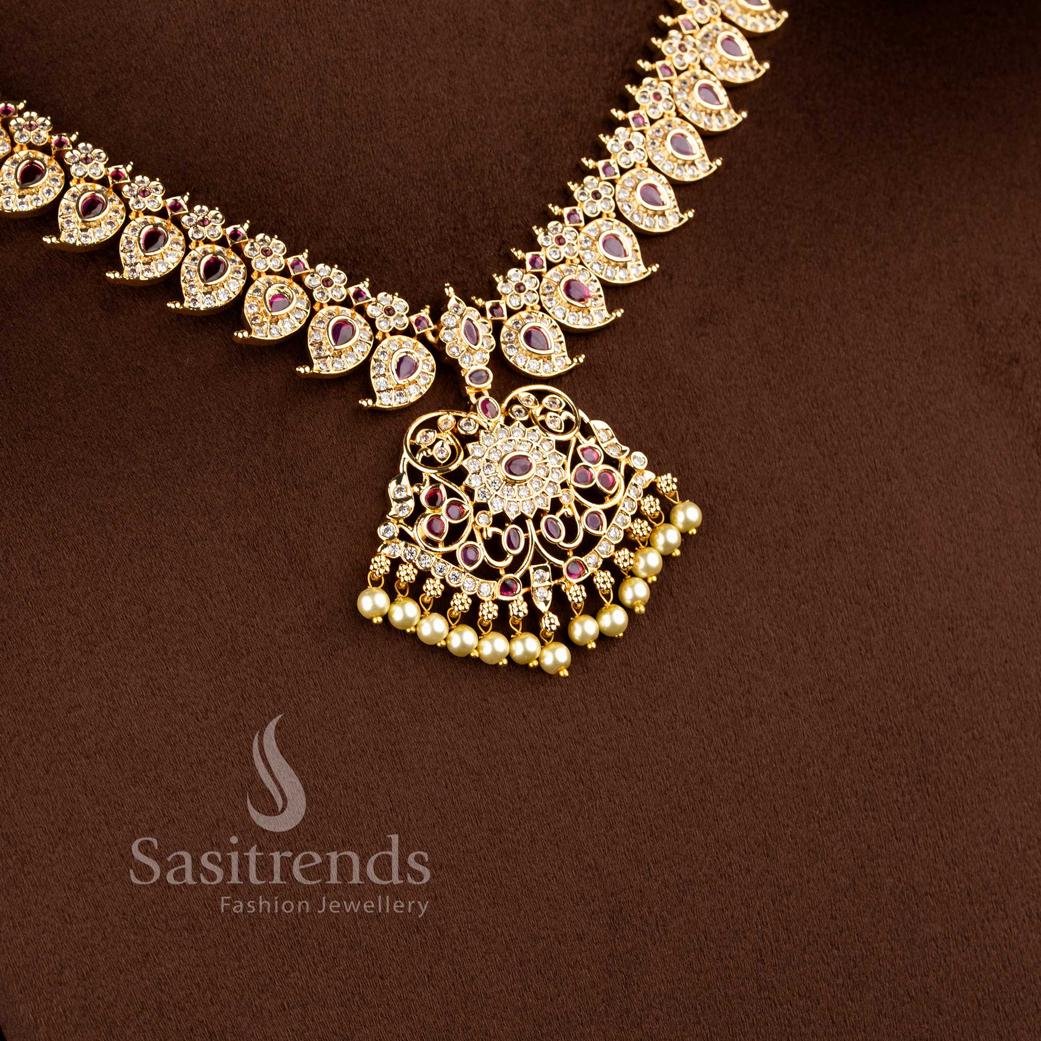Festive short and long necklace jewellery set with mango pattern and pearl drop detailing - Sasitrends