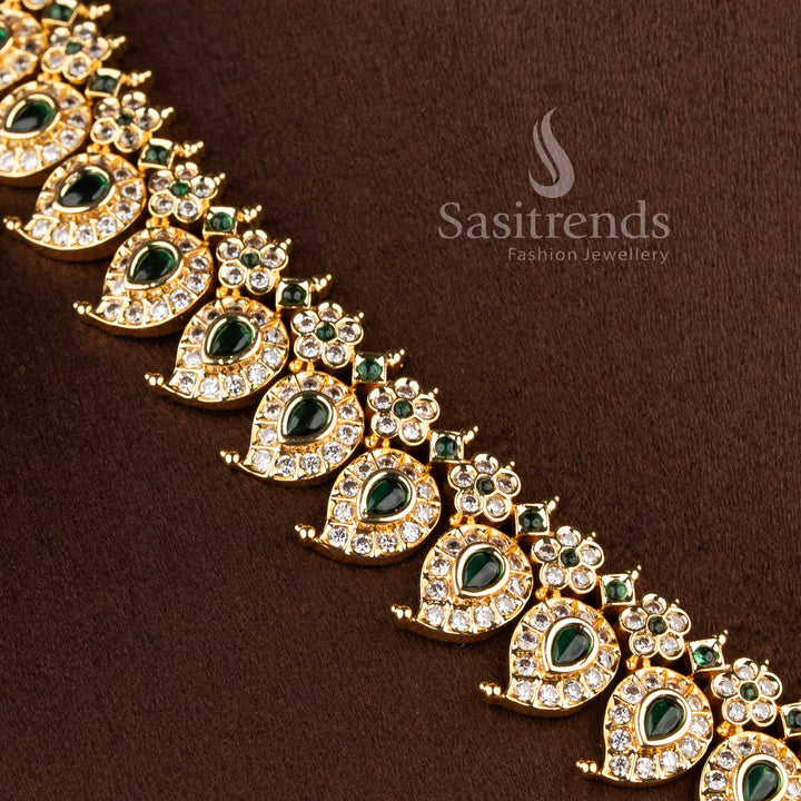 Traditional mango motif AD necklace set with floral detailing and grand pendant design - Sasitrends