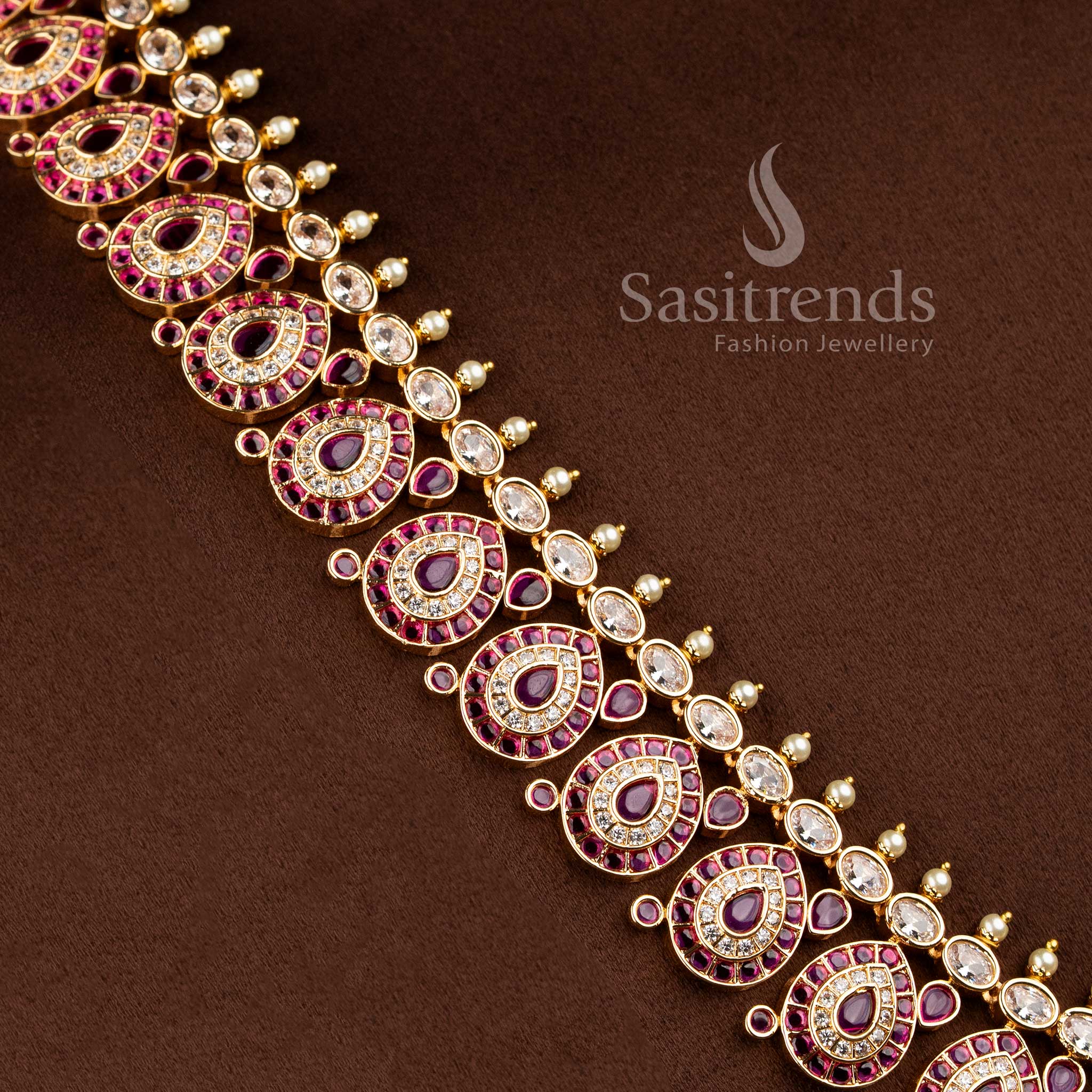 Grand micro gold plated tear drop motif White ruby long necklace combo set with matching earrings by Sasitrends.