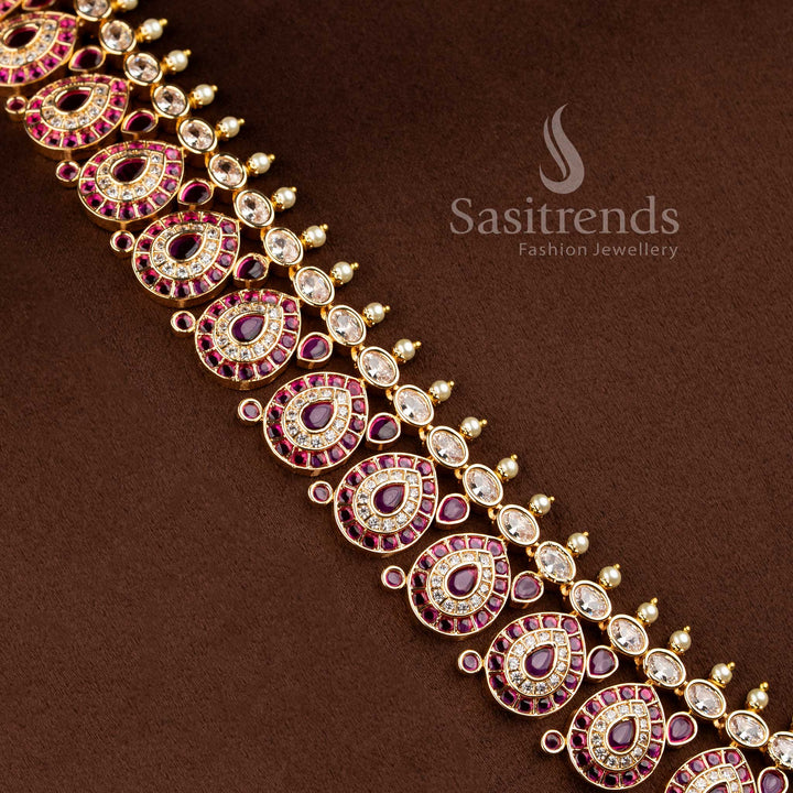 Grand micro gold plated tear drop motif White ruby long necklace combo set with matching earrings by Sasitrends.