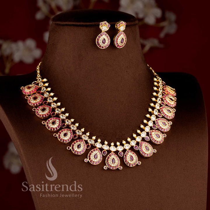 Stylish micro gold plated bridal jewellery collection with brilliant white and ruby American Diamond stone clusters