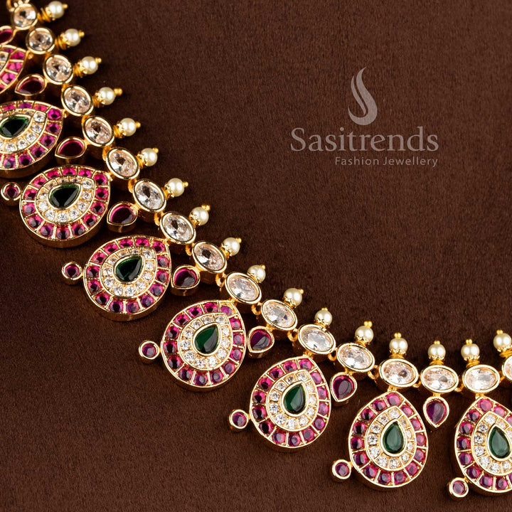 Close-up of an elegant wedding wear interlocking paisley leaf necklace layout with pink stones and pearl bead drops.
