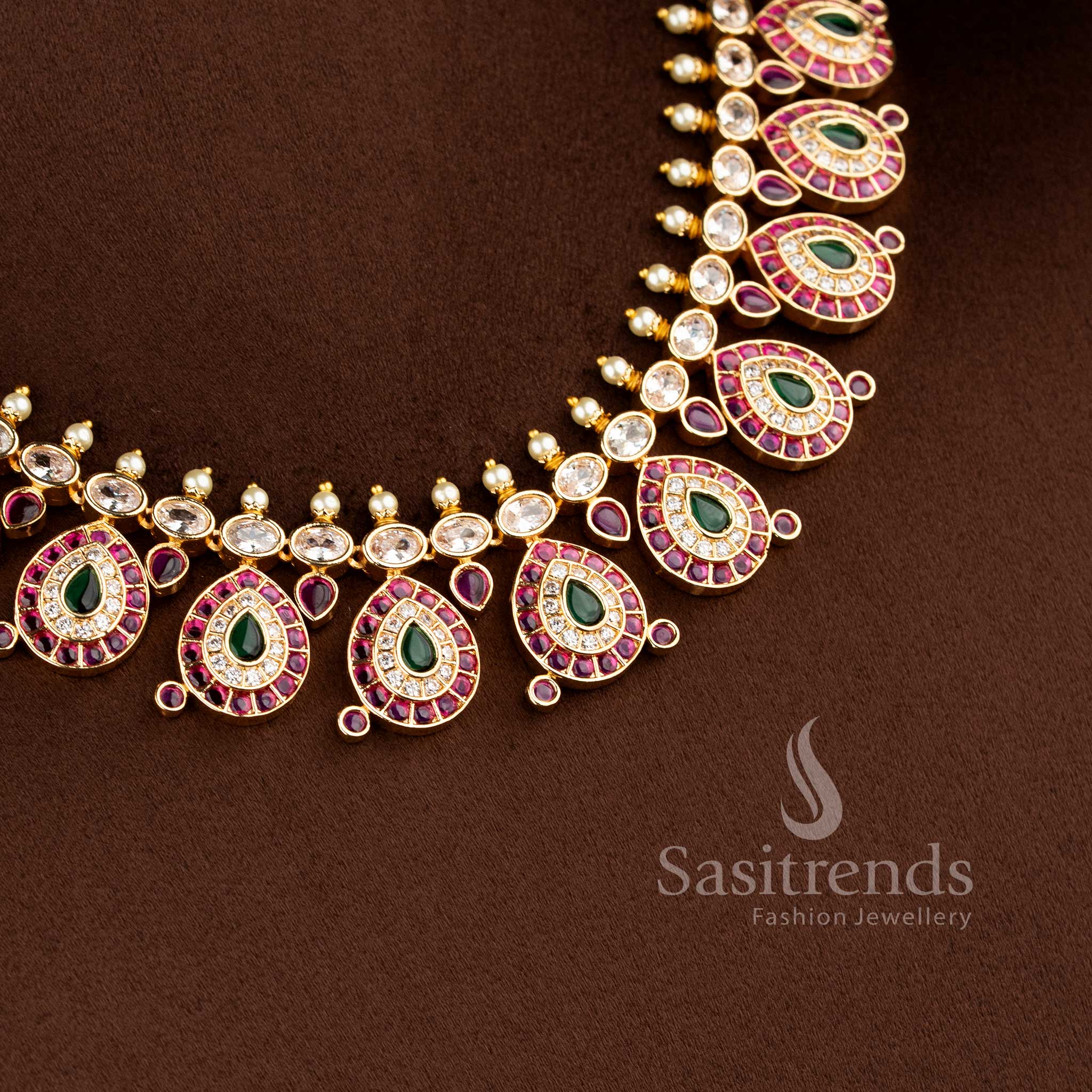 Grand micro gold plated tear drop motif short and long necklace combo set with matching earrings by Sasitrends.