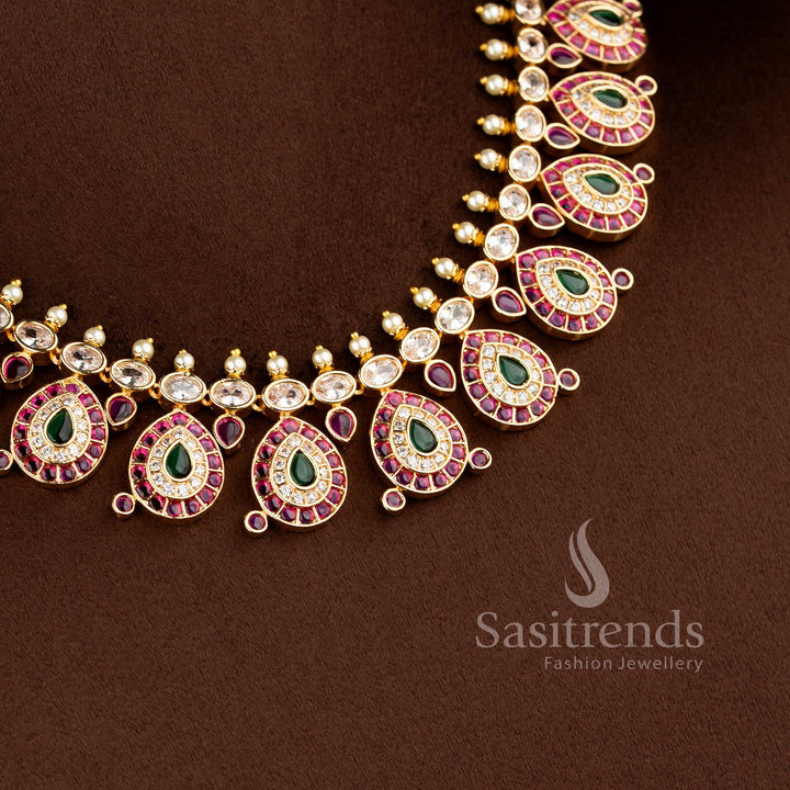Grand micro gold plated tear drop motif short and long necklace combo set with matching earrings by Sasitrends.