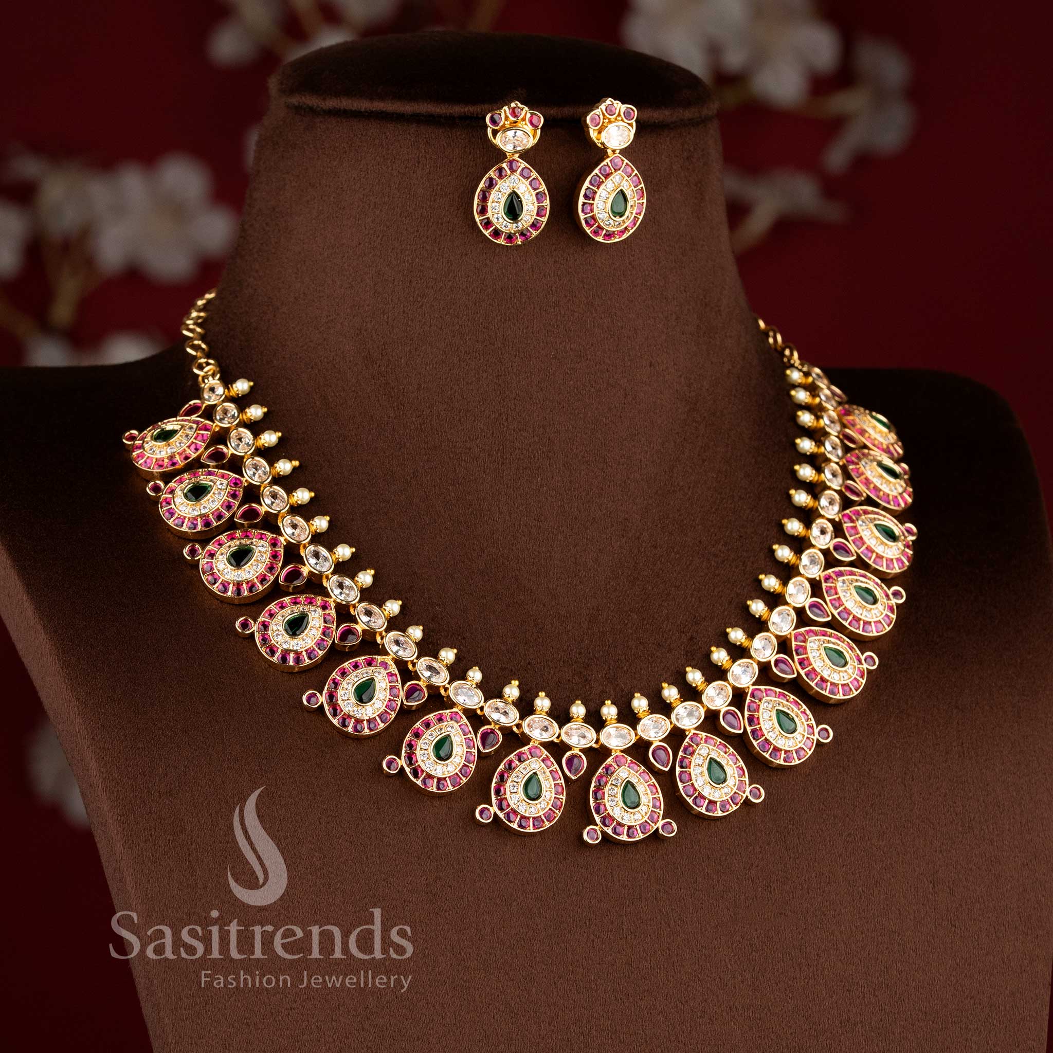 Grand micro gold plated tear drop motif short and long necklace combo set with matching earrings by Sasitrends.