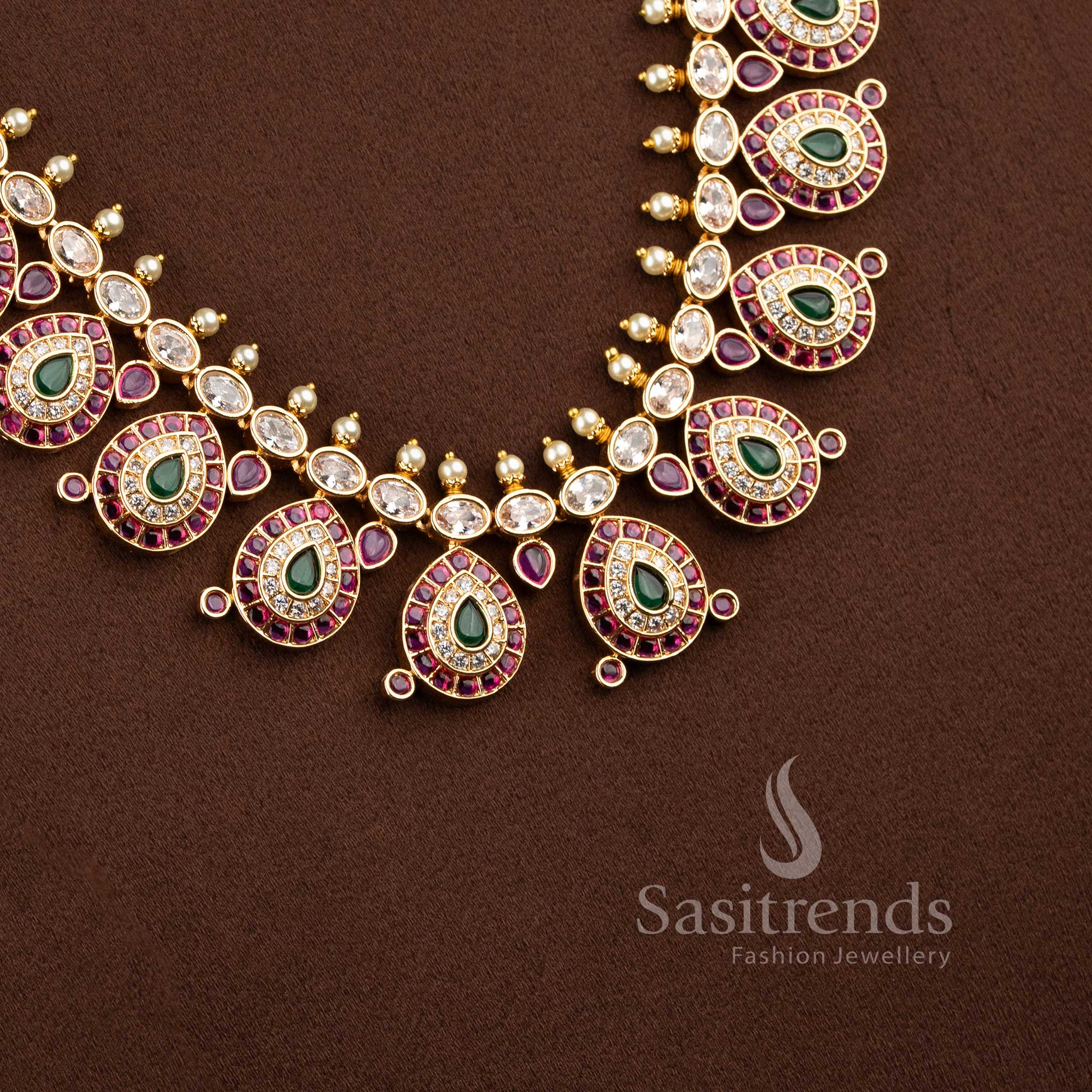 Guaranteed 24 carat look gold plated traditional wedding necklace Long set ensemble for grand silk sarees.