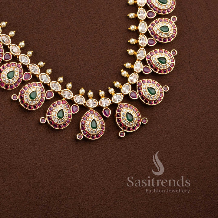 Guaranteed 24 carat look gold plated traditional wedding necklace Long set ensemble for grand silk sarees.