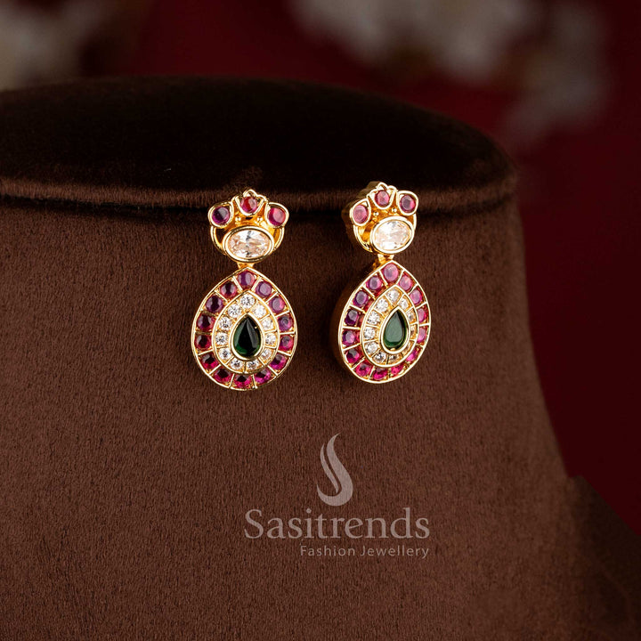 Grand micro gold plated tear drop motif short and long necklace combo set with matching earrings by Sasitrends.