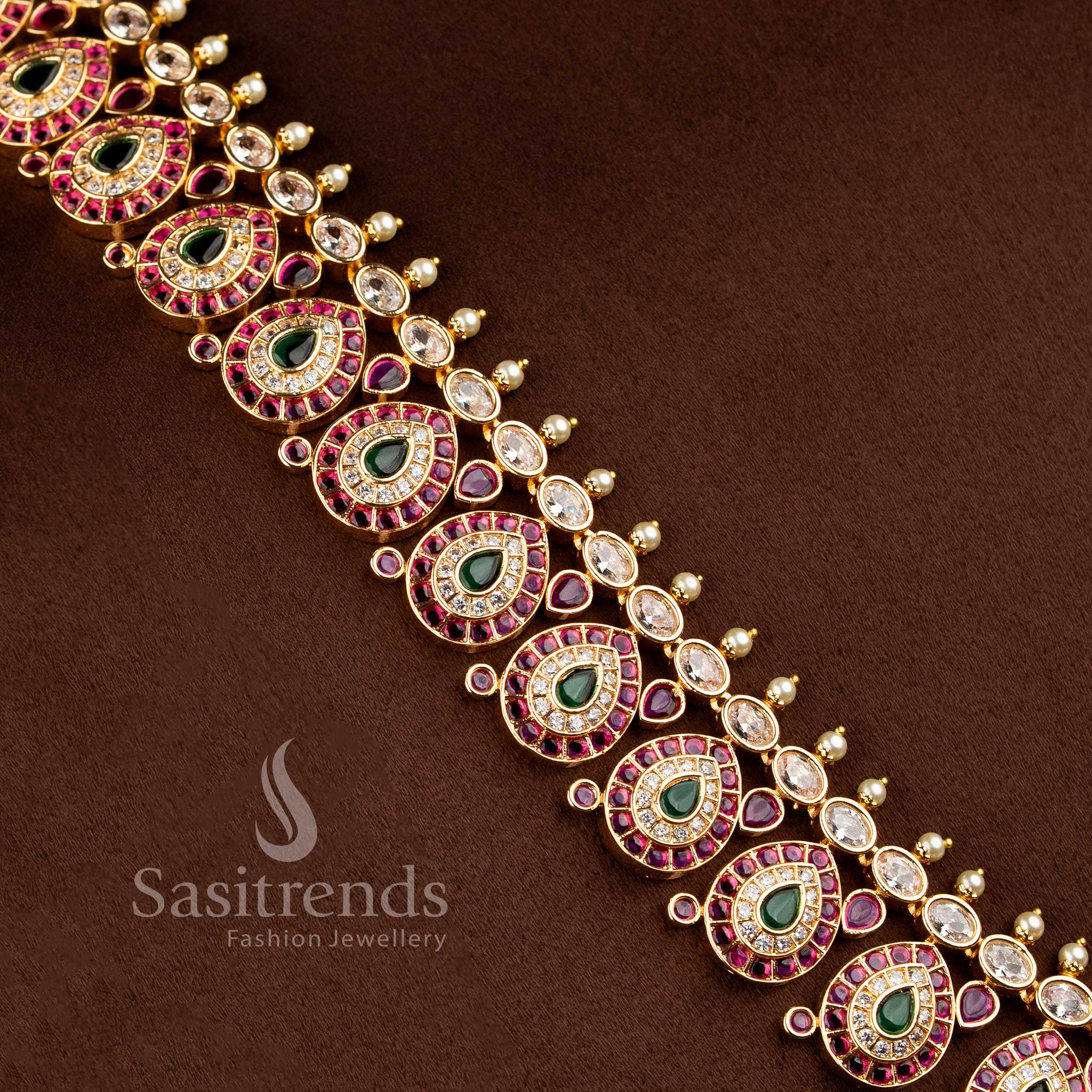 Grand micro gold plated tear drop motif short and long necklace combo set with matching earrings by Sasitrends.