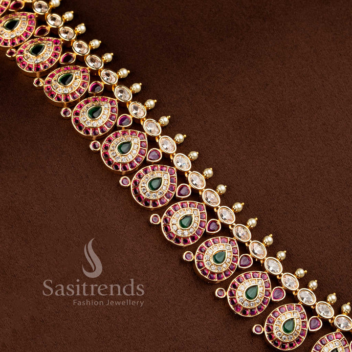 Grand micro gold plated tear drop motif short and long necklace combo set with matching earrings by Sasitrends.