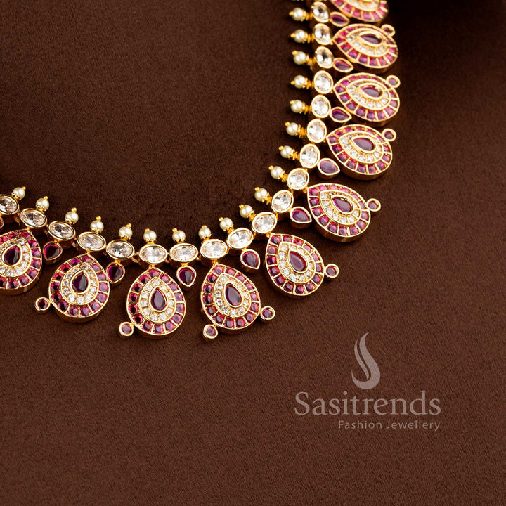 Stylish micro gold plated bridal jewellery collection with brilliant white and ruby American Diamond stone clusters