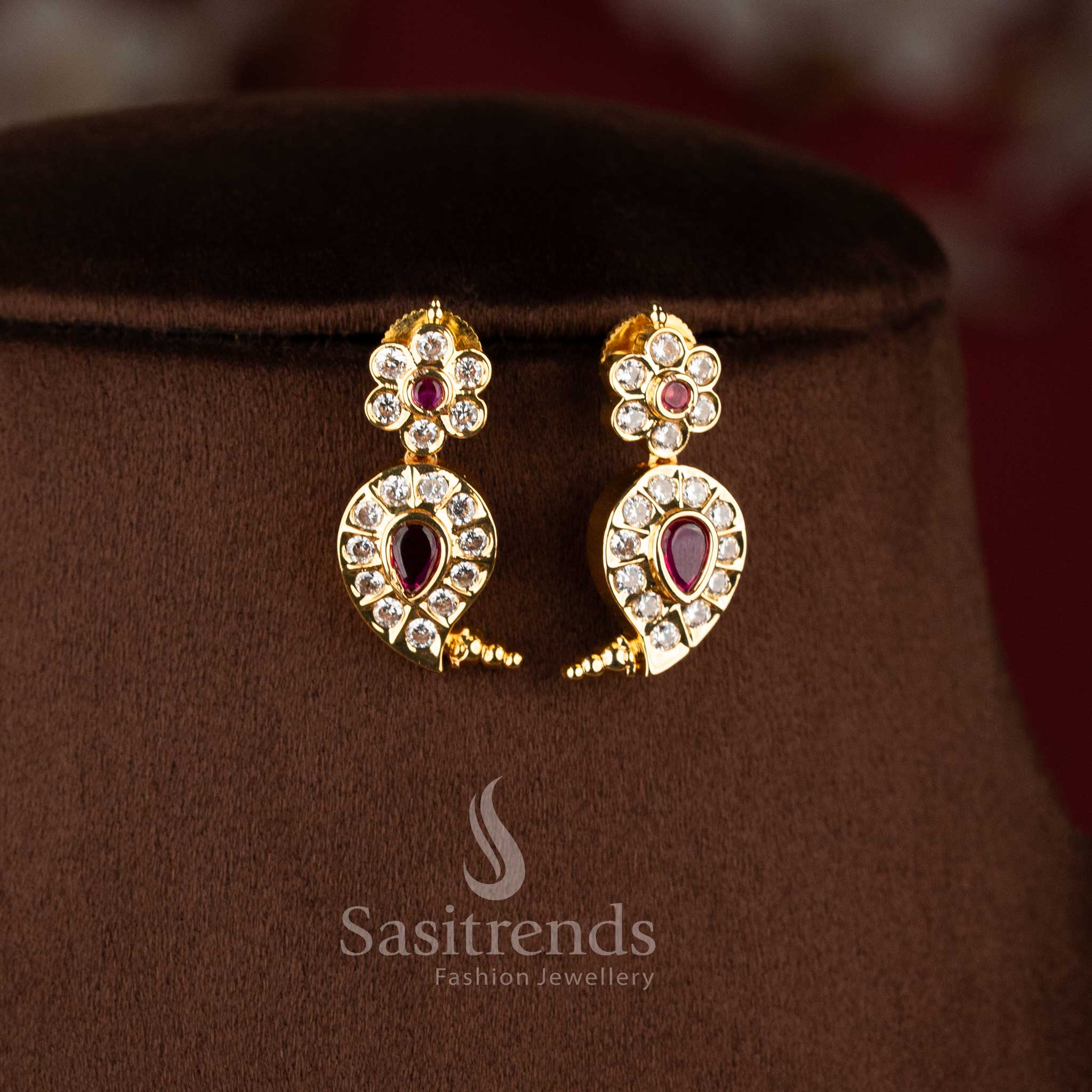Traditional micro gold plated manga malai short necklace set with a stone-studded crescent chandbali pendant by Sasitrends.