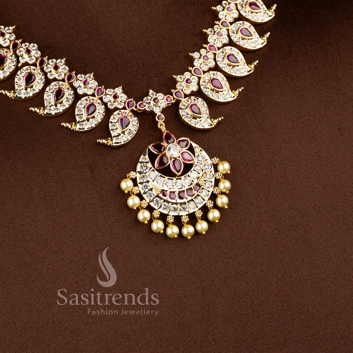 Real gold look wedding wear short necklace showcasing a pearl drop floral blossom centerpiece.
