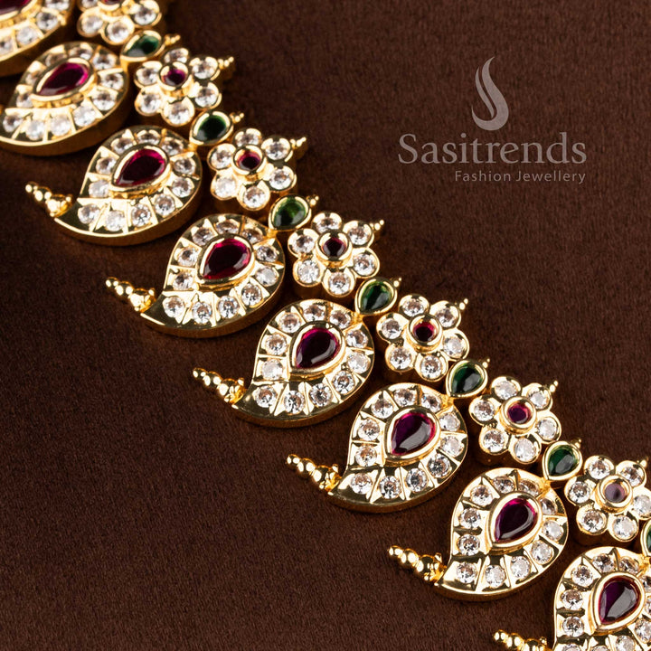 Real gold look wedding wear short necklace showcasing a pearl drop floral blossom centerpiece.