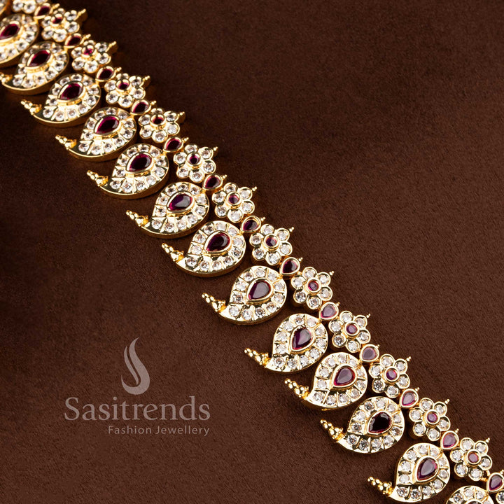 Traditional micro gold plated manga malai short necklace with a stone-studded crescent chandbali pendant by Sasitrends.