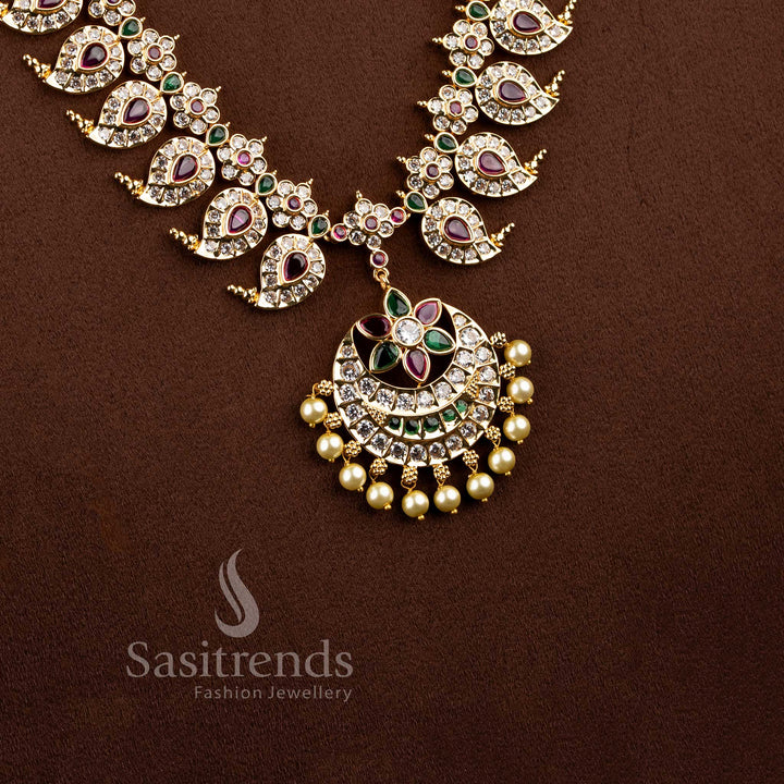 Festive wear south indian style paisley neckpiece beautifully arranged on a brown surface.