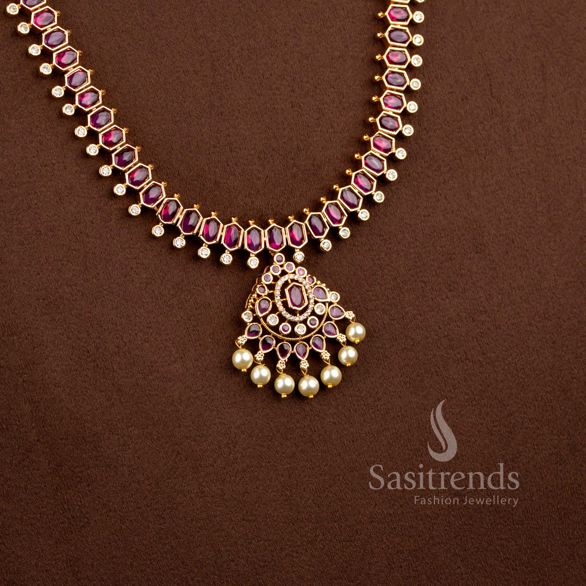 Traditional Chandelier Earrings with American Diamond and Pearl Drop Design - Sasitrends