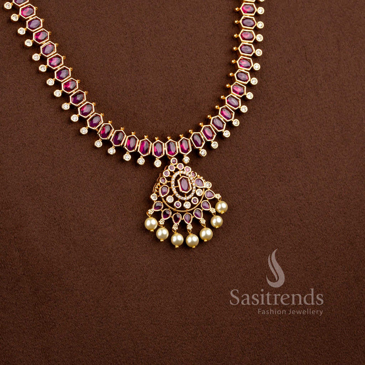 Traditional Chandelier Earrings with American Diamond and Pearl Drop Design - Sasitrends
