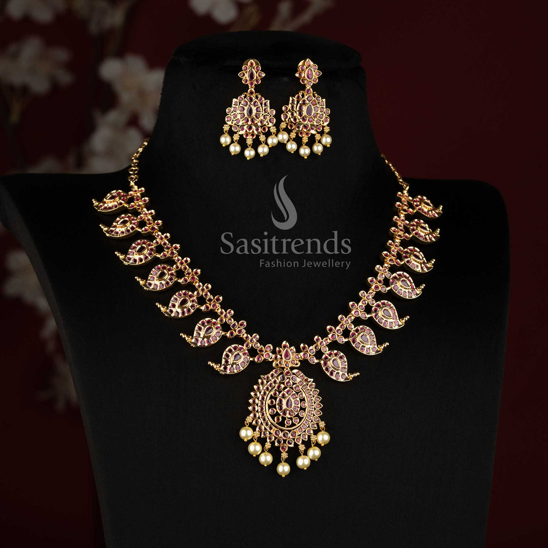 One Gram 24K Micro Gold Plated Mango Paisley AD Stone Necklace Set with Earrings - Sasitrends