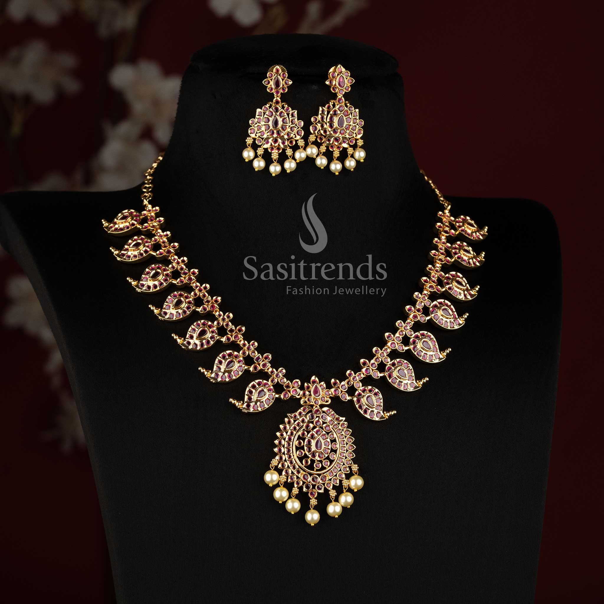One Gram 24K Micro Gold Plated Mango Paisley AD Stone Necklace Set with Earrings - Sasitrends