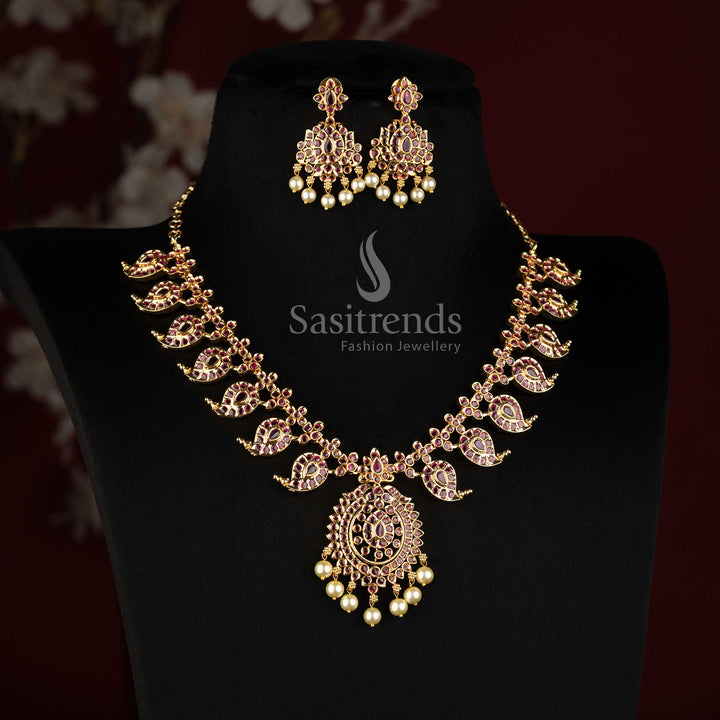 One Gram 24K Micro Gold Plated Mango Paisley AD Stone Necklace Set with Earrings - Sasitrends