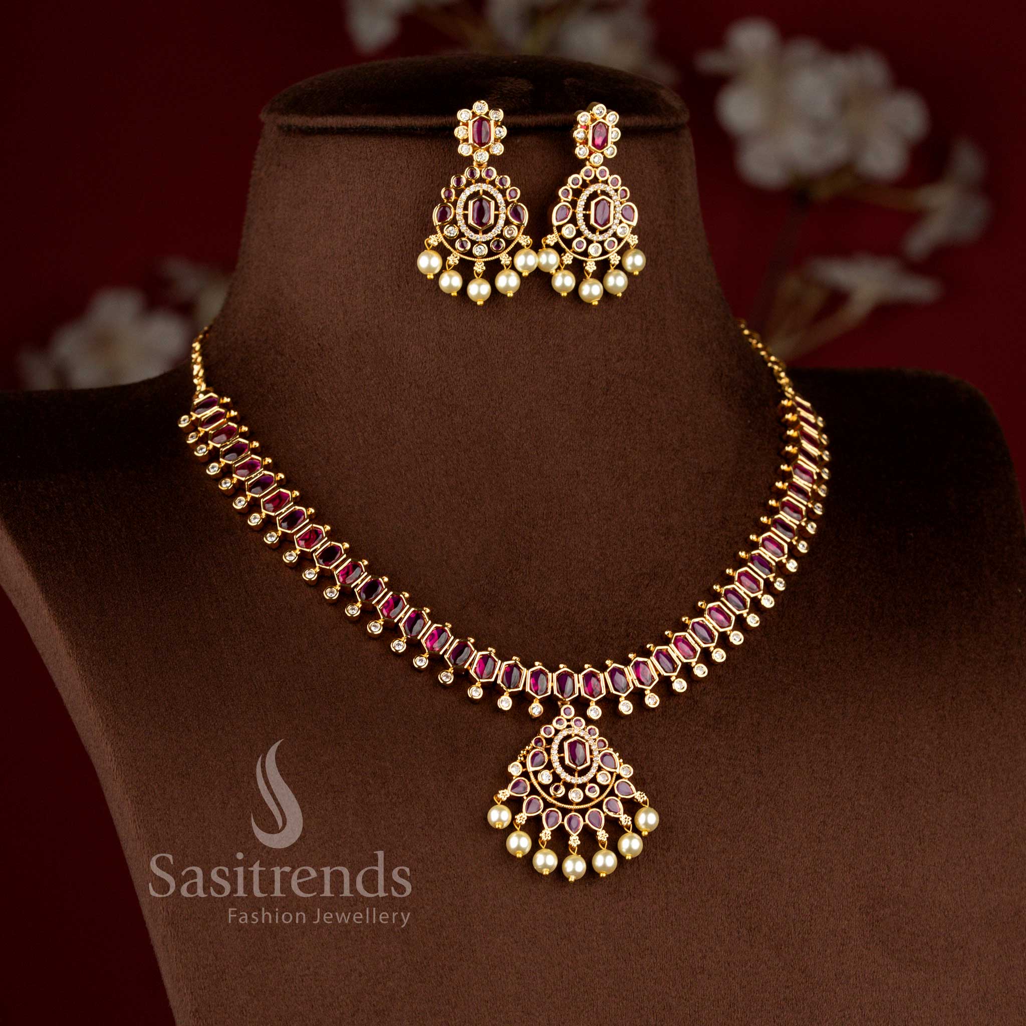 Micro Gold Plated American Diamond necklace set for weddings and festive occasions - Sasitrends