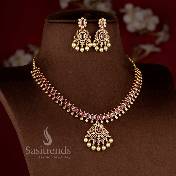 Guaranteed Micro Gold Plated Octagon Pearl Drop American Diamond Short and Long Necklace jewellery Set for Festive Wear | Looks Like Real Gold - Sasitrends