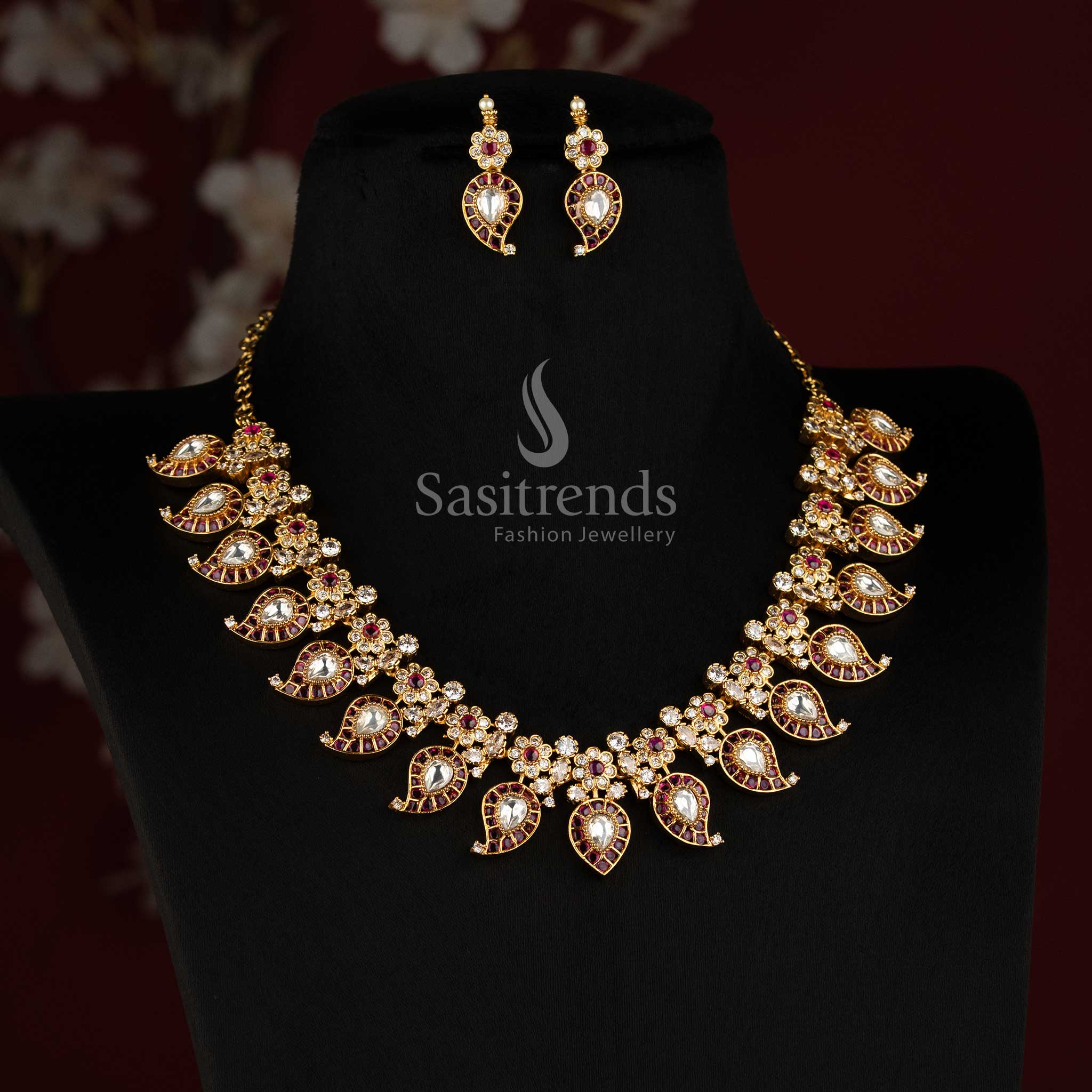 One Gram 24K Micro Gold Plated Mango Paisley AD Stone Choker Necklace Set with Earrings - Sasitrends