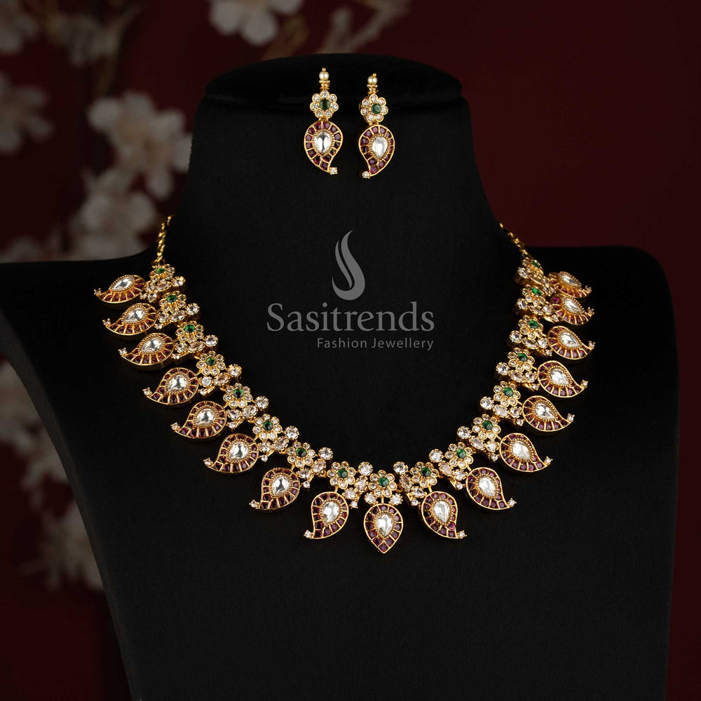 Traditional Manga Malai Mango Paisley AD Stone Micro Gold Choker Necklace Set - Sasitrends