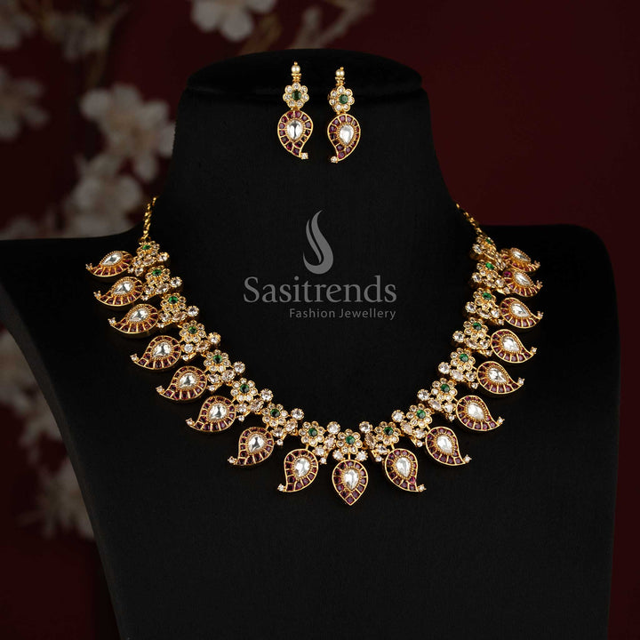 Traditional Manga Malai Mango Paisley AD Stone Micro Gold Choker Necklace Set - Sasitrends
